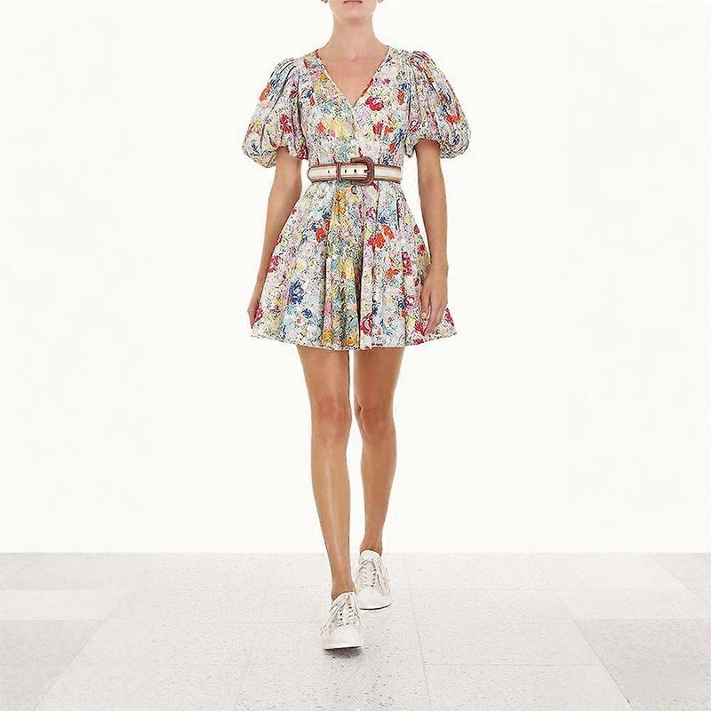 Clover Panelled Mini Dress Womens Ldaies Short Sleeve Floral Sundress | Fruugo SG