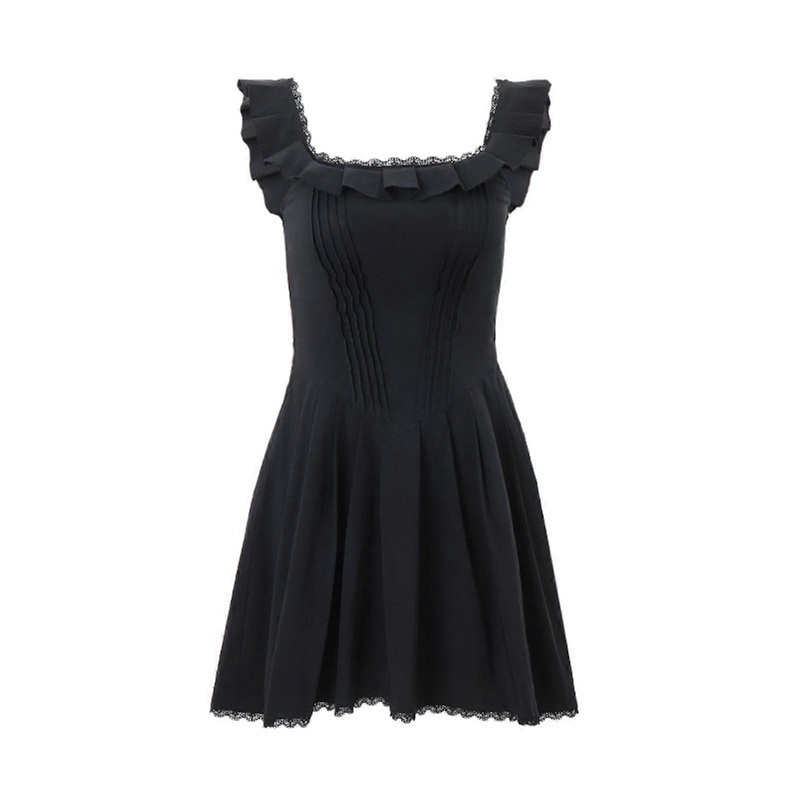 Contemporary French Style Slimming Waist Dress with Ruffle Border Lace Trim Square Neck Short Dresses for Women Girls  S | Fruugo SG