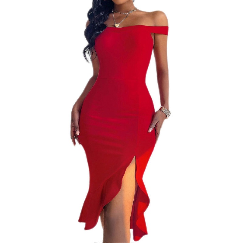 Elegant Female Evening Dress Women Split Bodycon Mermaid Dress Sexy off Shoulder Dress Vacation Dress for Cocktail Party  Red XL | Fruugo SG