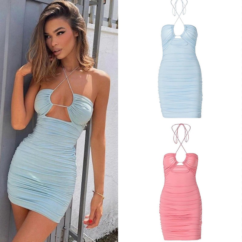 Fashion Halter Sleeveless Hollow Out Sexy Dress for Women Summer Backless Bodycon Streetwear Y2K Dress Club Outfits  Pink L | Fruugo SG
