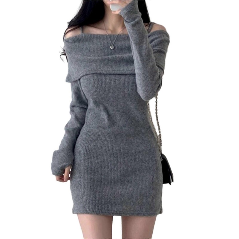 Fashionable off Shoulder Sweater Dress Long Sleeve off Shoulder Solid Dresses Flattering and Comfortable  Gray XL | Fruugo SG