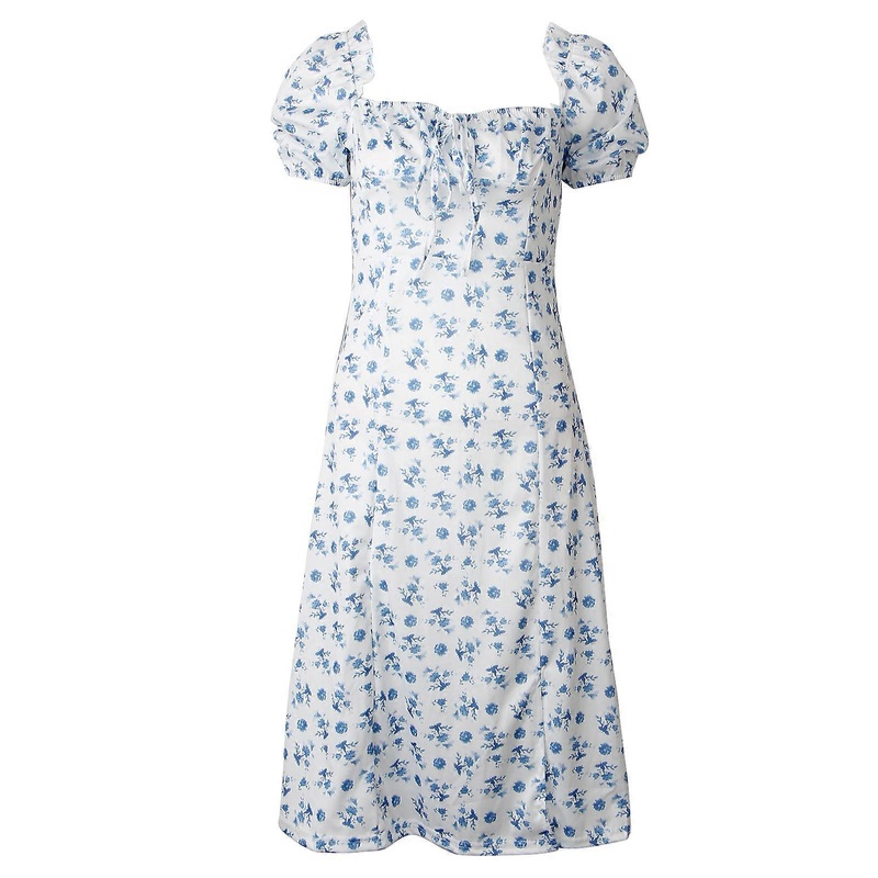 Floral Print Split Dress Women Puff Short Sleeve Fashionable Retro Sqauare Neck Ruched Bandage High Waist Loose Sundress  Blue S | Fruugo SG