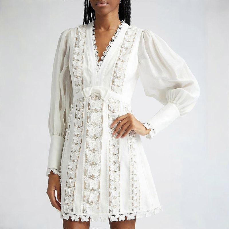 Flutter Butterfly Lace Long Sleeve Mini Dress Womens Boho Casual Holiday Tunic Dresses | Fruugo SG