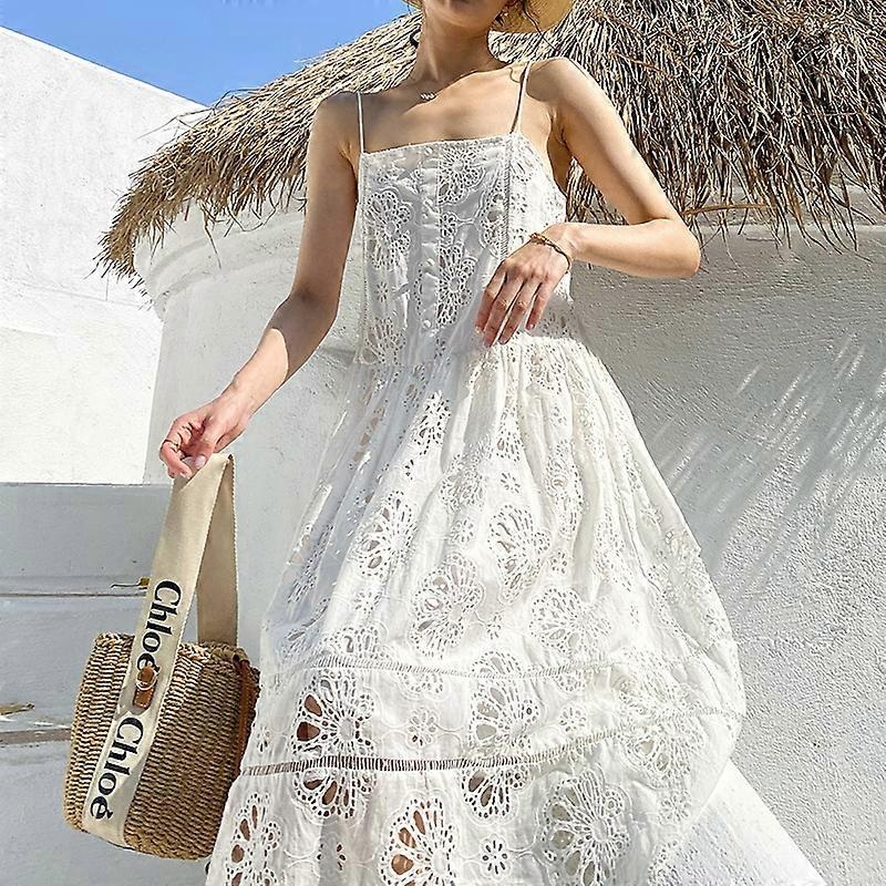 French Style White Vacation Dresses Halter Hollow Out Embroidered Long Beach Dress 2024 Summer New in Woman Clothing | Fruugo SG