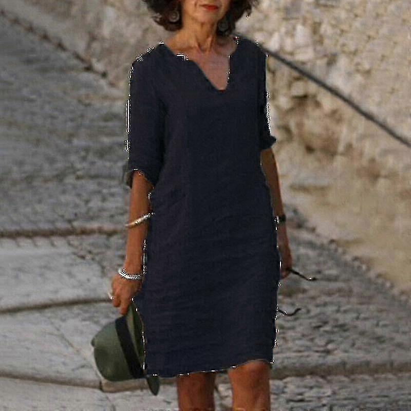 Women’s Cotton Linen Midi Dress Short Sleeve V Neck Loose Sundress | Fruugo SG