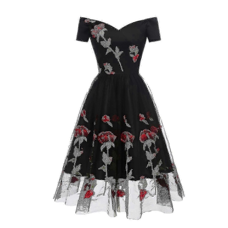 Women’s Lace Mesh Rose Embroidered Floral Evening Dress V Neck Short | Fruugo SG