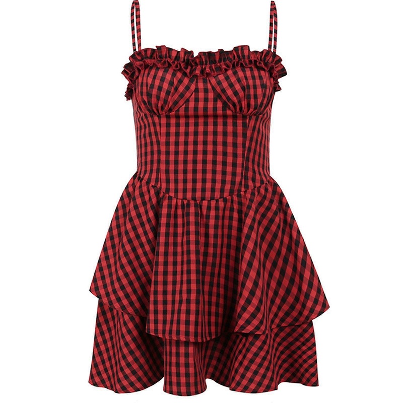 Women’s Plaid Dress Sexy Spaghetti Strap Tiered Dress Cute A-line Dress Sleeveless Party Dress Summer Slim Holiday Dress  Red S | Fruugo SG