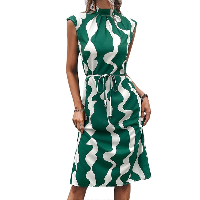 Women’s Summer Formal Dress Mock Neck Sleeveless Irregular Printed Midi Tank Dresses  Green XL | Fruugo SG