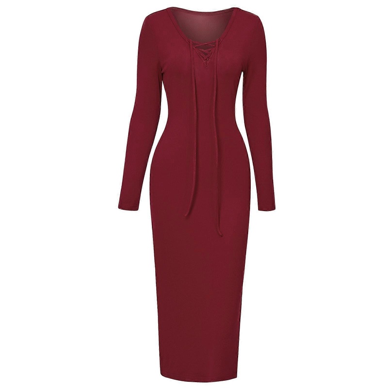 Women’s Tieback V Neck Fall Sweater Midi Dress Casual Long Sleeve Ribbed Knitted Bodycon Split Dress Sexy Party Dresses  Burgundy XL | Fruugo SG