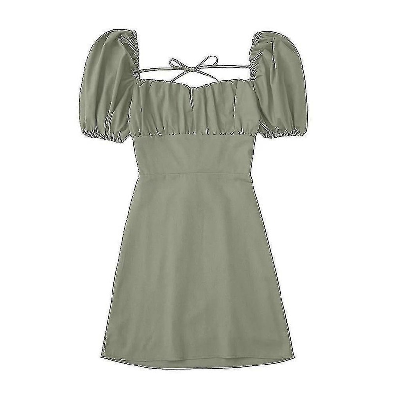 Women White Fashion Linen Blend Dress Female Square Neck Short Puff Sleeves Backless Crossover Straps Dress For Women’s | Fruugo SG
