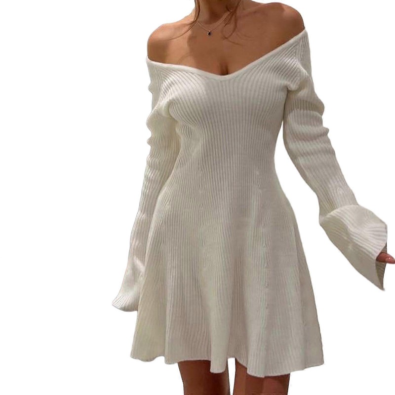 Women Winter Fall Casual V Neck Ruffle Flared Swing Mini Dress Rib Knitted Long Sleeve High Waist A Line Sweater Dress  White M | Fruugo SG