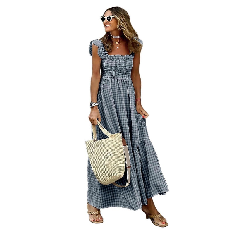 Womens Casual Plaids Ruffle Sleeveless Sundress A-Line Vintage Gingham Check Dress Sexy Backless Maxi Dress  Black M | Fruugo SG