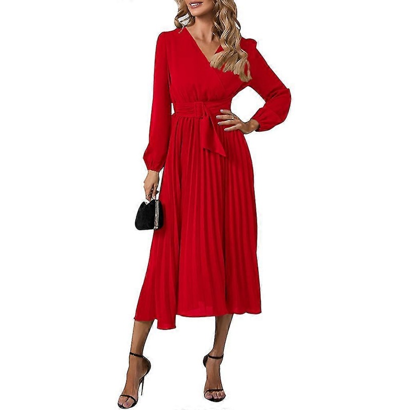 Womens Elegant Long Sleeve Midi Dress Belted Party Wedding Guest Office Dresses-Good | Fruugo SG