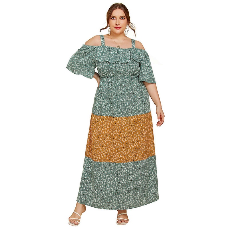 Womens Off Shoulder Party Maxi Dress Ruffles Half Sleeve Elastic Waist Colorblock Floral Printed Flowy Sundress XL-4XL  Green XL | Fruugo SG