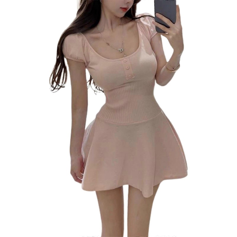 Womens Ribbed Knit Summer Mini Dresses Puff Sleeve Square Neck Party Mini Dress Solid Color A-line Dress  Pink One Size | Fruugo SG