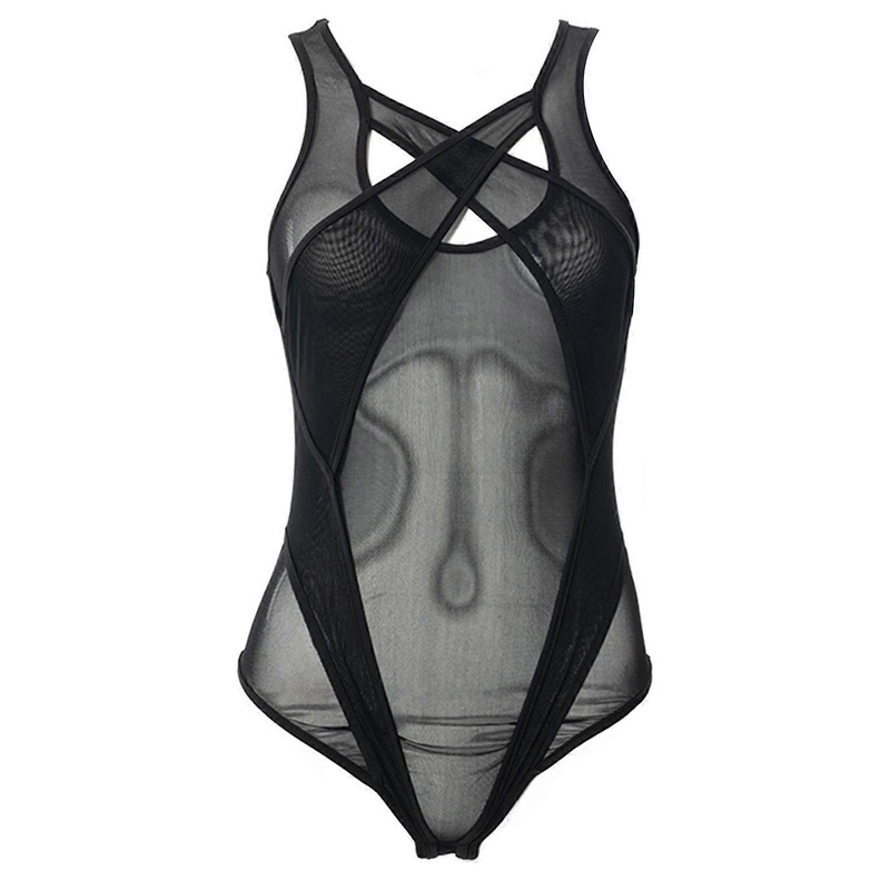 Womens Sexy See Through Mesh Sleeveless Bodysuit Crisscross Patchwork Hollow Out Colorblock Bodycon Sheer Leotard Top  Black S | Fruugo SG