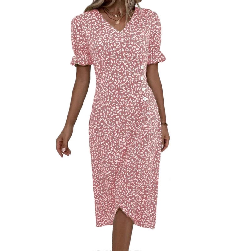 Womens Sexy V-Neck Side Button Ruched Midi Long Dress Summer Puff Short Sleeve Floral Print Split Wrap Hem Midi Dresses  Pink XL | Fruugo SG