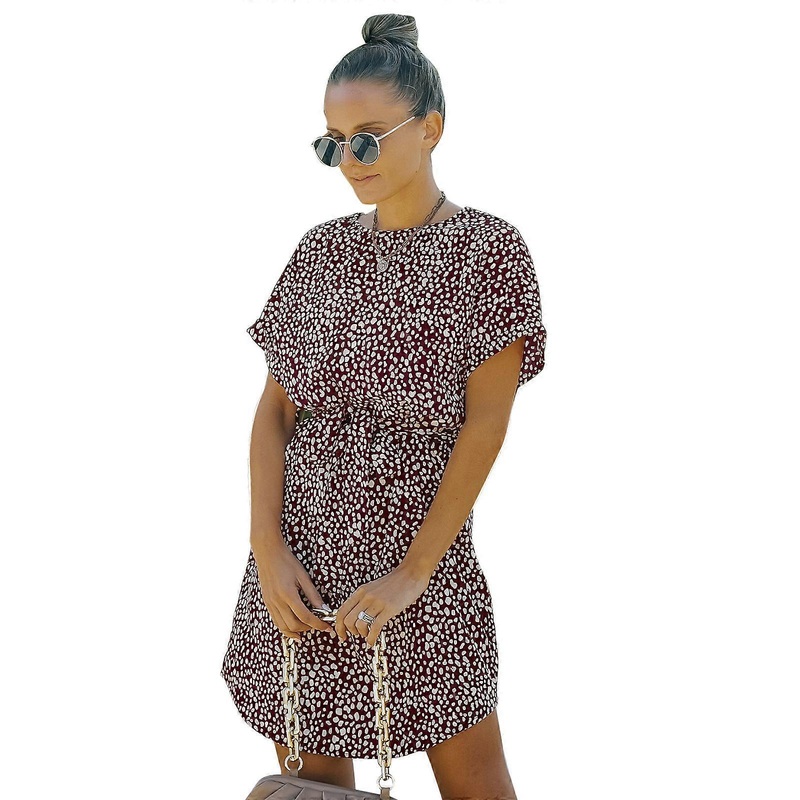 Womens Short Sleeve Midi Dress Leopard Print Above Knee Length Flared Hem Party Vacation Bohemian Flowy Chiffon Sundress  Jujube red XL | Fruugo SG