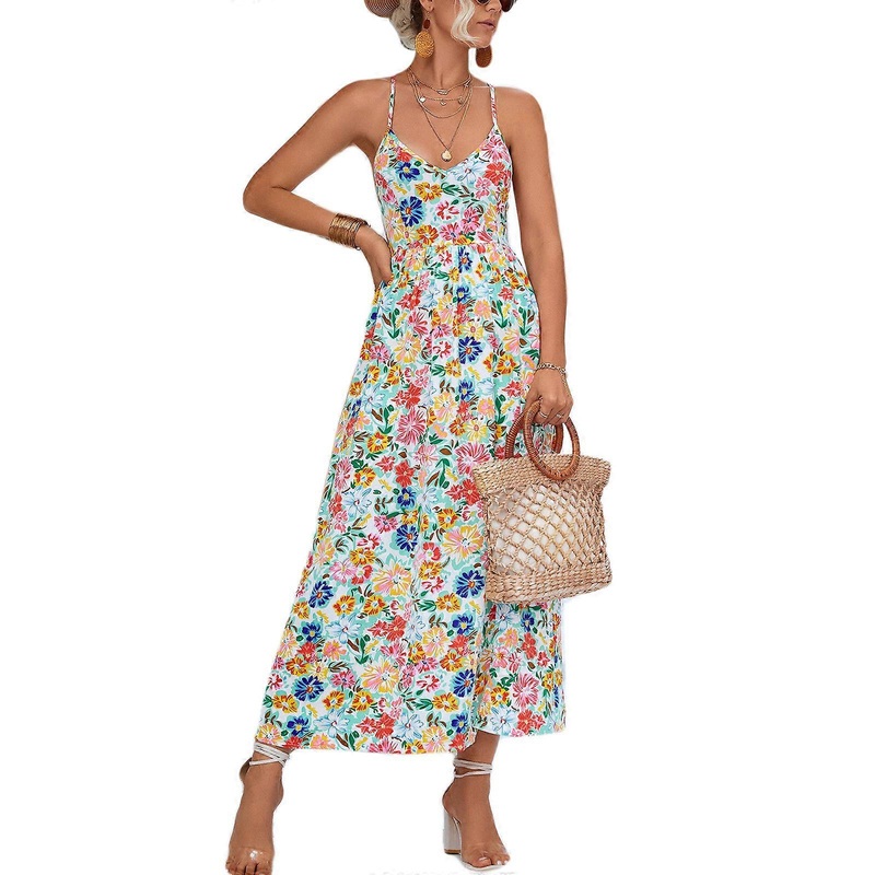 Womens Spaghetti Strap V-Neck Floral Print Thigh Split Long Dress Sexy Crisscross Tied Backless Vacation Cami Dresses  White XL | Fruugo SG