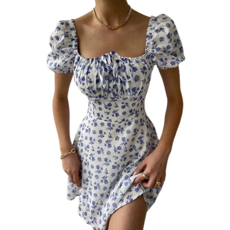 Womens Tie Front Square Neck Puff Short Sleeve High Waist Mini Dress Vintage Floral Print A-Line Pleated Swing Dresses  White XL | Fruugo SG