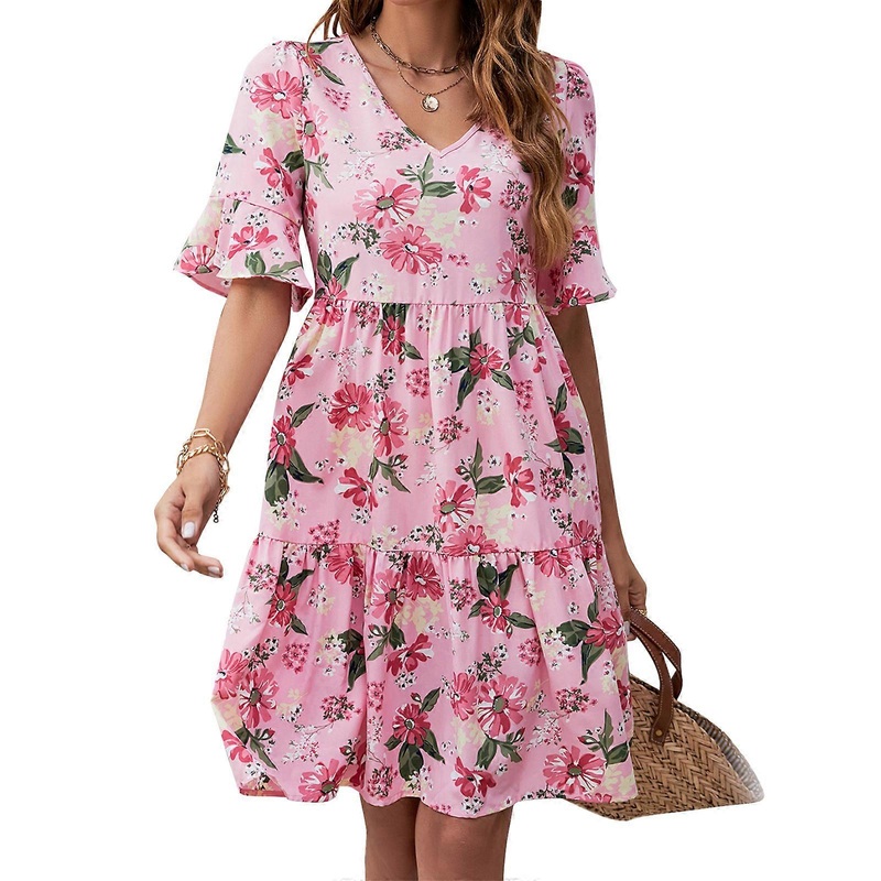 Womens V Neck Short Sleeve Summer Dress 2023 Flowy Swing Midi Dress Wedding Guest Cocktail Dresses  Pink XL | Fruugo SG