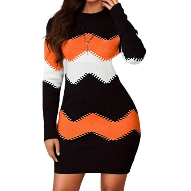 Womens Winter Autumn Round Neck Long Sleeve Knit Bodycon Midi Dress Colorblock Striped Package Hip Maxi Sweater Dresses  orange XL | Fruugo SG
