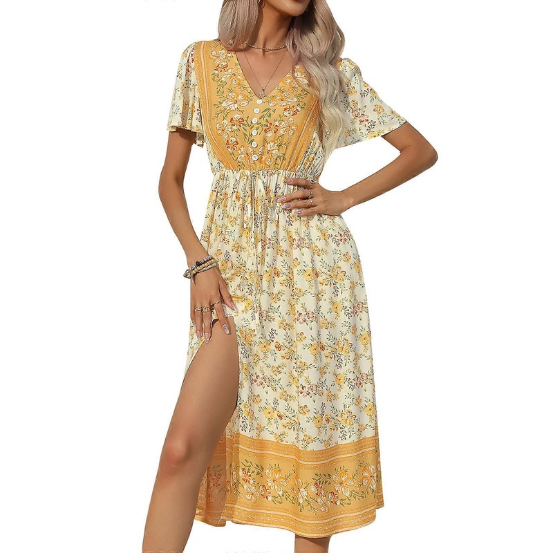 2023 Summer Dress Women Casual Midi Dress Short Sleeve Elastic Waist Floral Printed Dress with Front Button Decors  Yellow XL | Fruugo SG