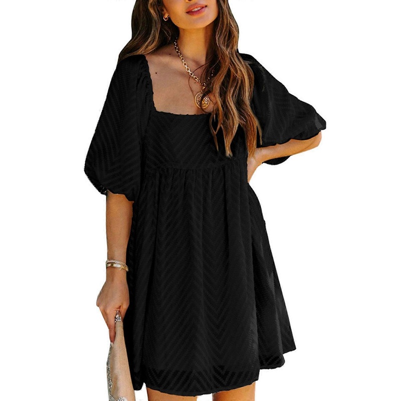2023 Summer Puff Sleeve Dress Women Square Neck Empire Waist Dresses Solid Color Casual Loose Vacation Dress  Black XL | Fruugo SG