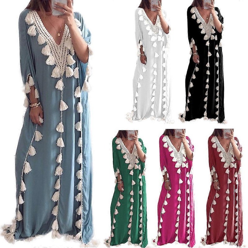 Arabic Islamic Dubai Kaftan Half Sleeve V-Neck Tassels Muslim Long Robe Dress  Black | Fruugo SG