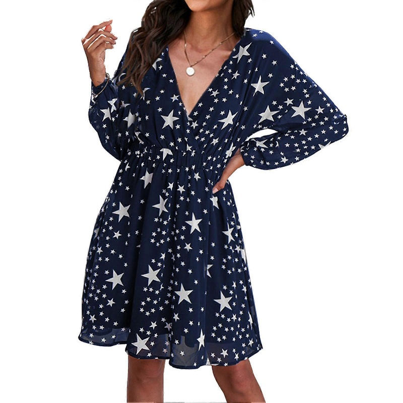 Dress Long Sleeve V Neck Star Print Elastic Waist Liner Fashionable Dress for Women | Fruugo SG