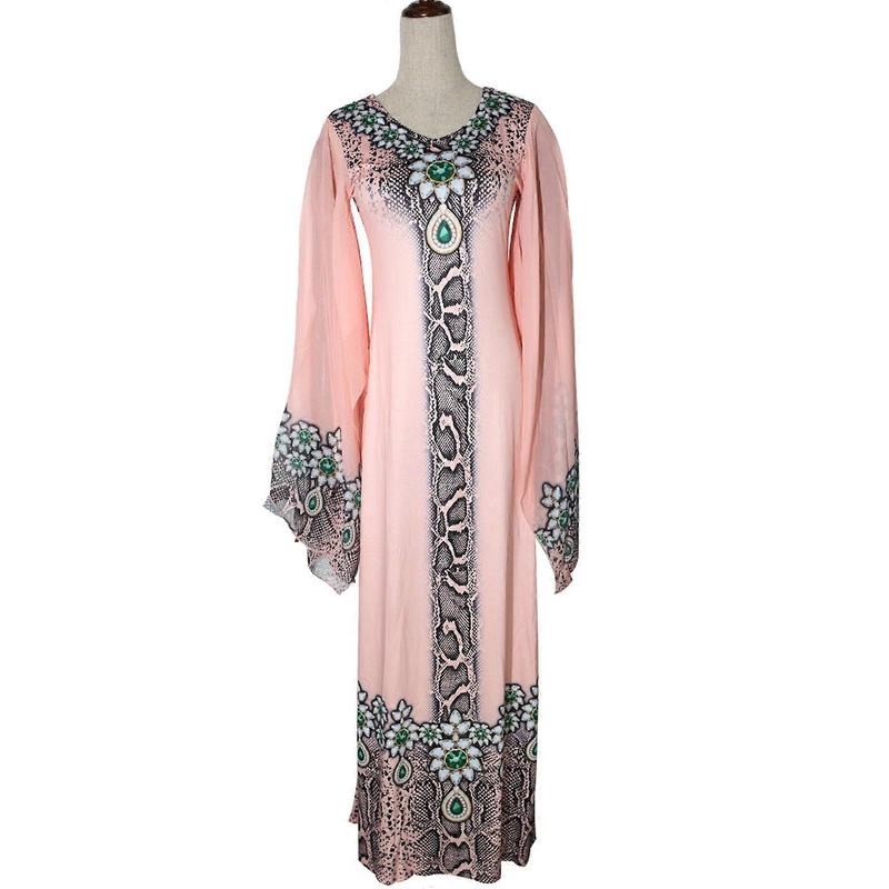 Women Plus Size Flare Long Sleeve African Maxi Dress Vintage Snakeskin Floral Printed V-Neck Abaya Duai Slim Robe Gown Muslim Kaftan  Pink L | Fruugo SG