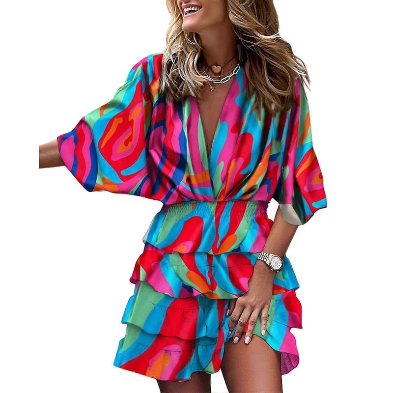 Women’s Floral Print V Neck Batwing Half Sleeve A Line Mini Dress Summer Casual Irregular Ruffle Hem Flowy Swing Dress  XL | Fruugo SG