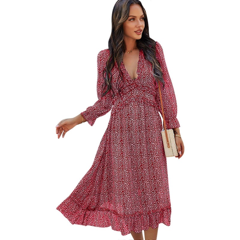 Women’s V-Neck Dress Flowy Long Sleeves Dress All-matching Floral Print Dress Ruffle Holiday Dress Summer Party Dress  Burgundy XL | Fruugo SG