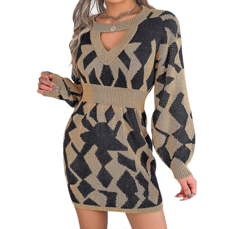 Women’s V Neck Puff Long Sleeve Knit Short Sweater Dress Elegant Fall Slim Fitted Bodycon Mini Pullover Sweater Dress  Khaki S | Fruugo SG