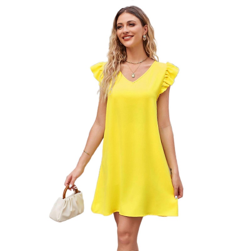 Women V-neck Dress Solid Color Holiday Dress All-matching Summer Casual Dress Loose-Fit Dress Ruffle Short Sleeves Dress  Yellow XL | Fruugo SG