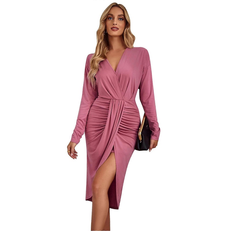 Women V-Neck Long Sleeve Ruched Wrap Asymmetrical Split Hem Midi Dress Sexy Empire High Waist Bodycon Cocktail Dress  Pink XL | Fruugo SG