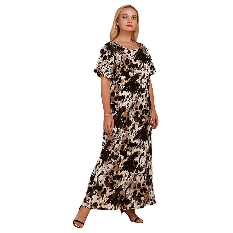 Womens O-Neck Maxi Dress Contrast Color Ink Painting Printed Casual Flutter Short Sleeve Flared Swing Hem Loose Sundress  Light brown XL | Fruugo SG