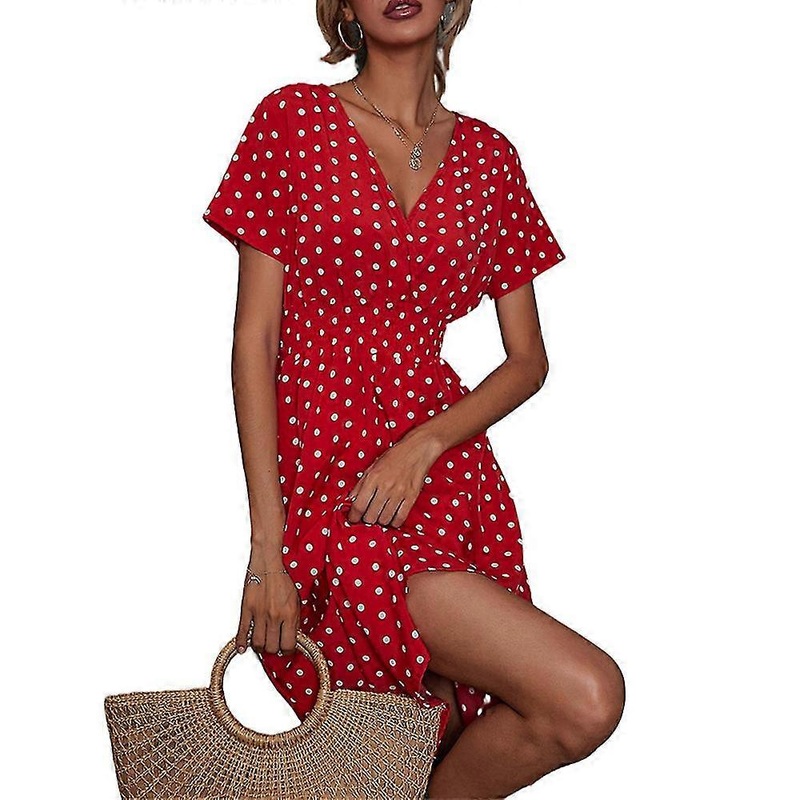 Womens Polka Dot Short Sleeve A-line Dress V Neck Summer Holiday Sundress | Fruugo SG
