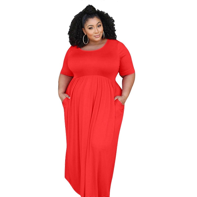 Womens Round Neck Maxi Dress Simple Solid Color Side Pockets Casual Half Sleeve Pleated High Waist Flared Hem Sundress  Red XL | Fruugo SG