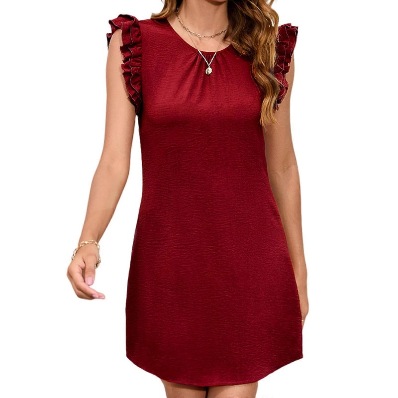 Womens Ruffle Trim Sleeve Summer Beach Loose Swing Dress Casual Short Dress Fashion Round Neck Tunic Dress Gifts  Red XL | Fruugo SG