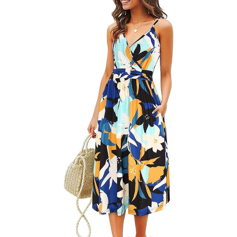 Womens Spaghetti Strap Dress Vintage Swing Dresses Sleeveless Vacation Dress Elegant Long Dress Floral Maxi Party Dress  yellow blue S | Fruugo SG