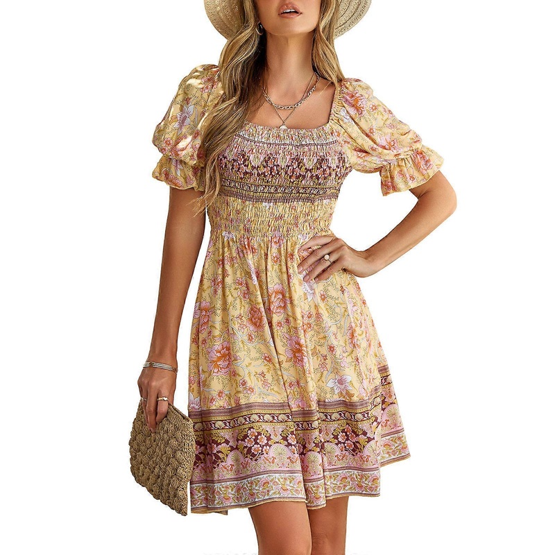 Womens Square Neck Shirred Flowy A-Line Dress Puff Short Sleeve Bohemian Floral Print Ruffle Hem Smocked Short Dresses  Yellow XL | Fruugo SG