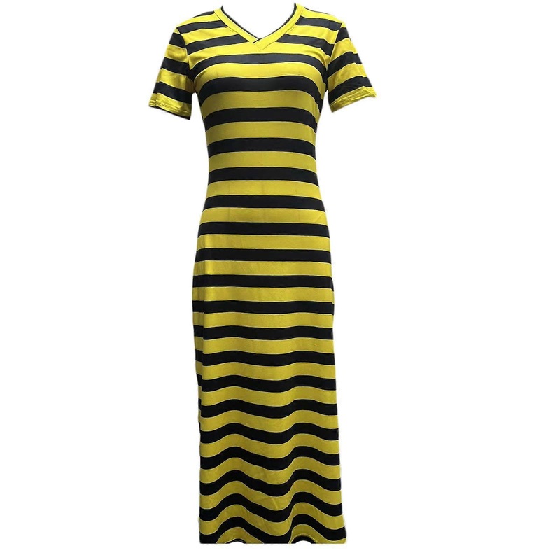 Womens Striped Dress Sexy Side Split Dress Short Sleeves Dress Summer Casual Long Dress Ladies V-neck Holiday Dress  Yellow XL | Fruugo SG