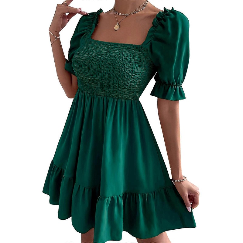Womens Summer Casual Dress Solid Square Neck Puff Short Sleeve Ruffle Flare Hem Short Dress  Green XL | Fruugo SG