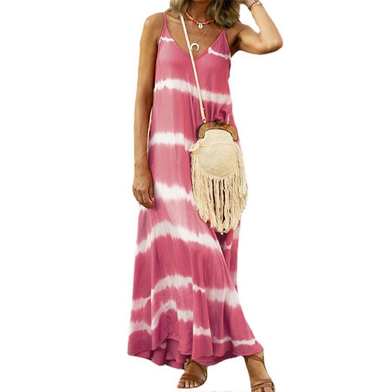 Womens Summer Sleeveless Maxi Long Cami Dress Bohemian Gradient Striped Print Sexy V-Neck Backless Flare Flowy Hem Casual Loose Beach Sundress  Pink | Fruugo SG