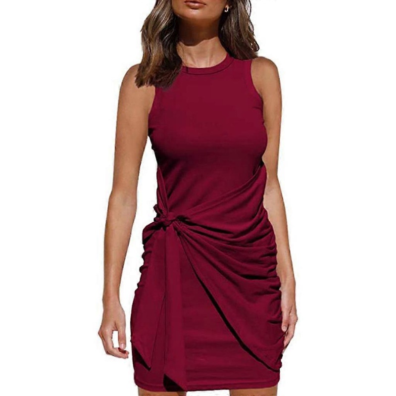 Womens Summer Sleeveless Sexy Bodycon Mini for Tank Dress Ruched Tie Waist Solid Color Crewneck Casual Cocktail Clubwear  Burgundy | Fruugo SG