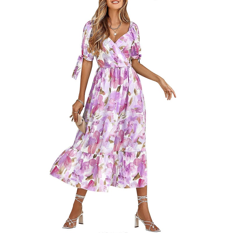 Womens Wrap V-Neck Flowy Midi Long Dress Lace-Up Puff Half Sleeve Bohemian Floral Print Ruffle Hem A-Line Swing Dresses  Purple XL | Fruugo SG