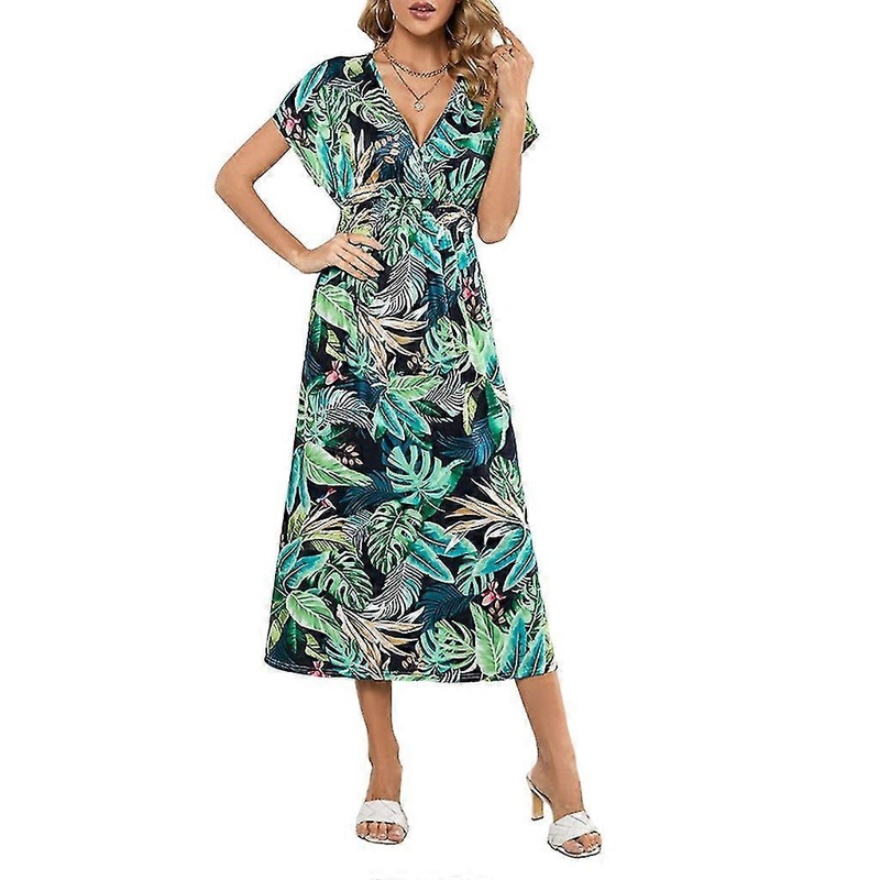 XL Blackish greenWomen Summer Batwing Sleeve Leaves Leopard Printed Bandage Backless Long Dress | Fruugo SG