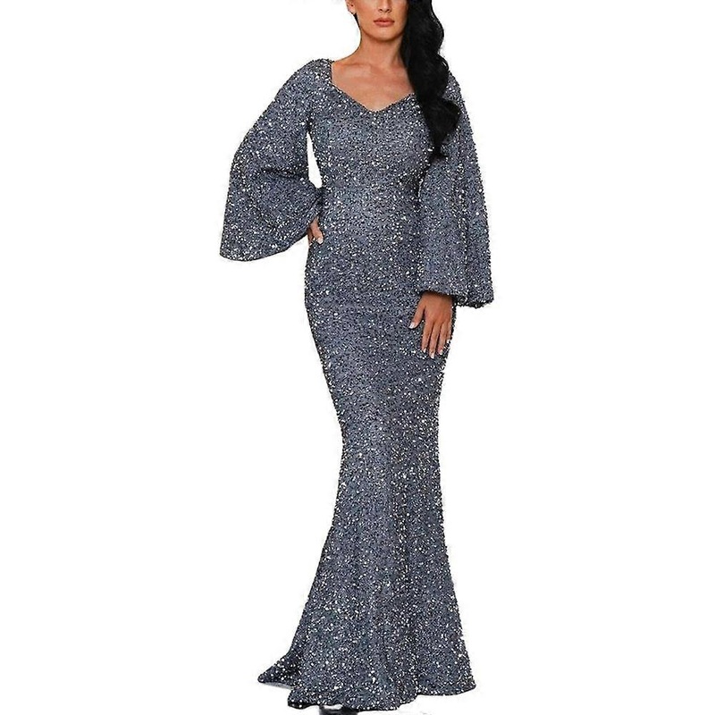 AI 2024 evening dress for women, bridesmaid dress, fashionable, V-neck, figure-hugging sequin dress with flared sleeves, mid-waist, long party dress,  | Fruugo SG