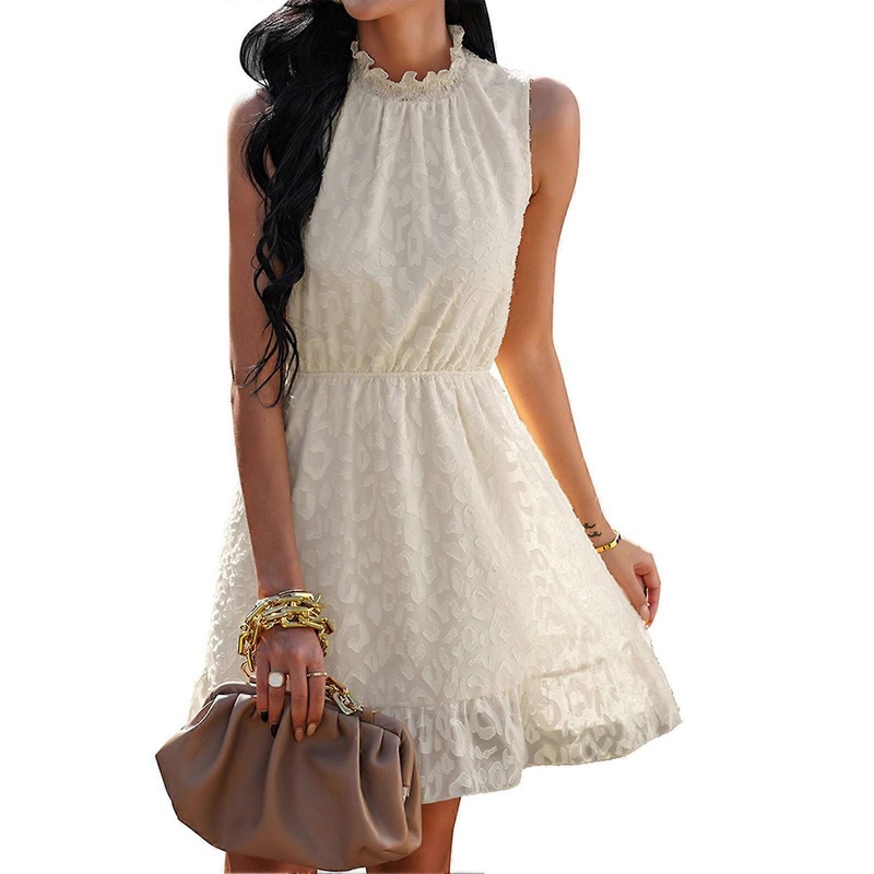 Apricot Chiffon Short Dress – Casual Ruffle Sundress Lace Stand Neck Sleeveless Summer Outfit, S | Fruugo SG